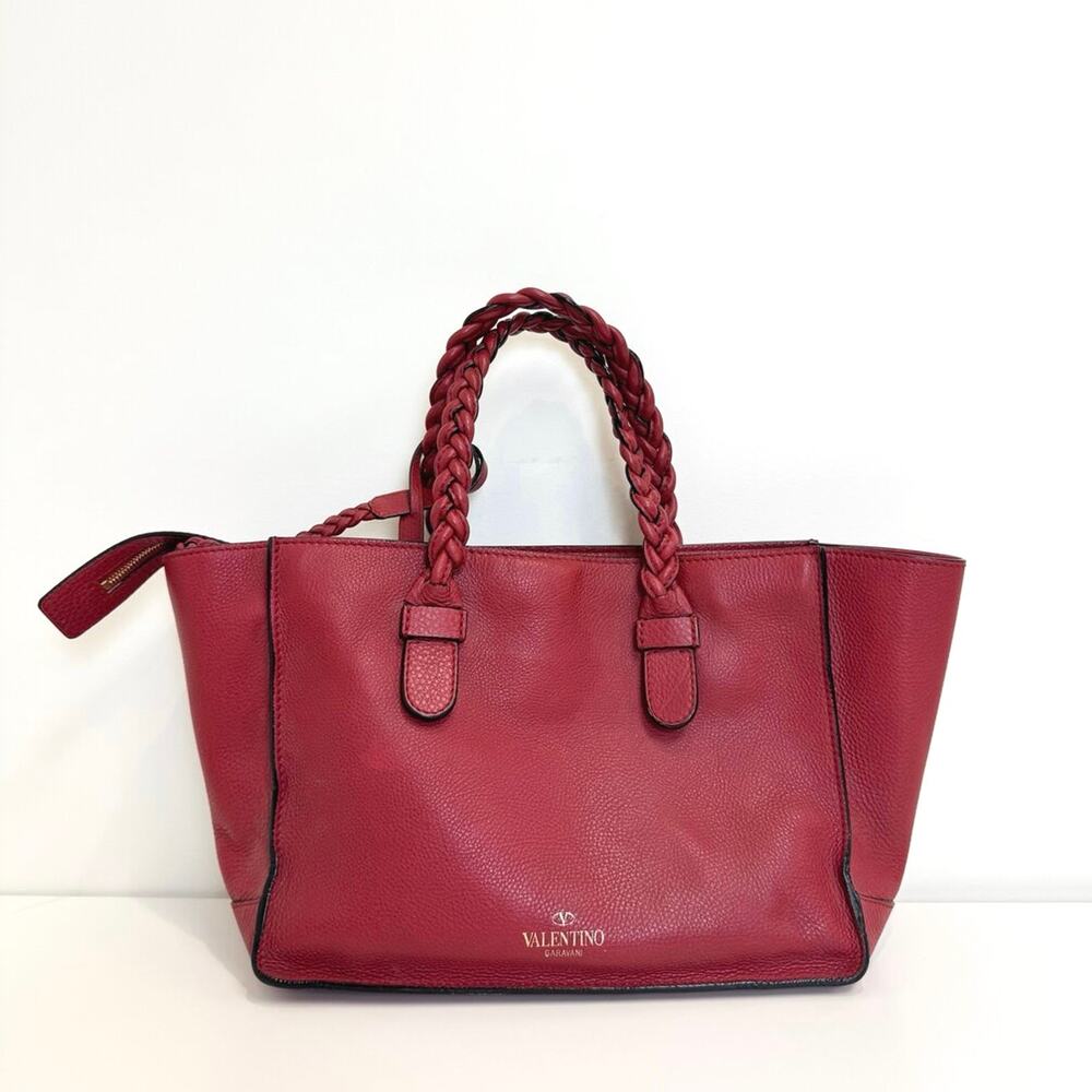 VALENTINO Garavani To Be Cool Red Leather Tote Braided Top Handles Shoulder Bag